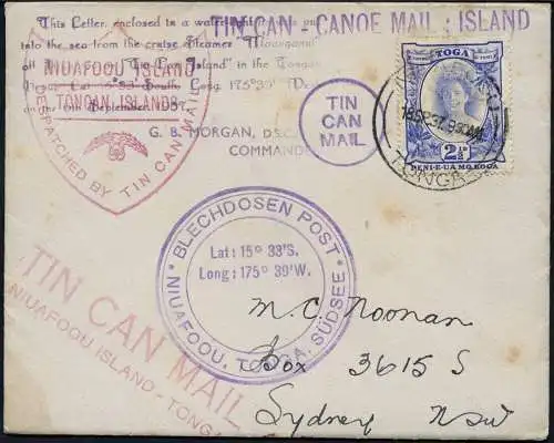 Tonga 1937 Tin Can Mail Blechdosenpost Niuafo`ou Sydney Australien / 689