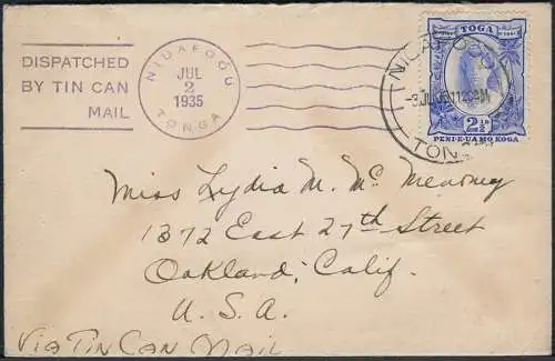 Tonga 1935 Tin Can Mail Blechdosenpost Brief Niuafo`ou Neuseeland / 693