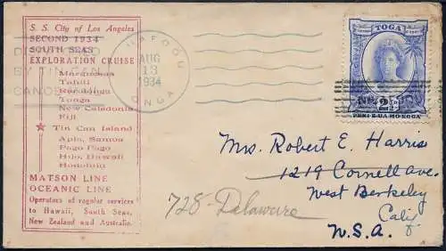 Tonga 1934 Tin Can Mail Blechdosenpost Brief Niuafo`ou Delaware USA / 694
