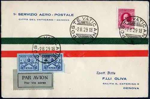 Vatikan 1929 Erstflugbrief First Flight Cover Rom Genua MiF Papst Wappen / 835