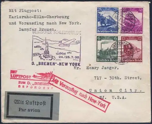 Katapult 1935 Dt. Reich Dampfer Bremen 582-583 FDC! USA 201 c Catapult / 779