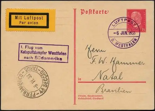 Katapult Dt. Reich 1933 Versuchsflug Dampfer Westfalen Natal Karte Catapult/ 618