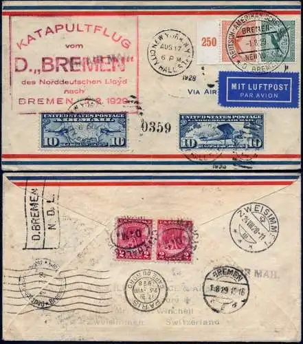 Katapult 1929 Dt. Reich Dampfer Bremen Seepost + Ile de France 1928 Catapult/655