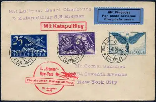 Katapult Schweiz 1930 Brief Basel USA Nachbringeflug Dampfer Bremen Catapult/530