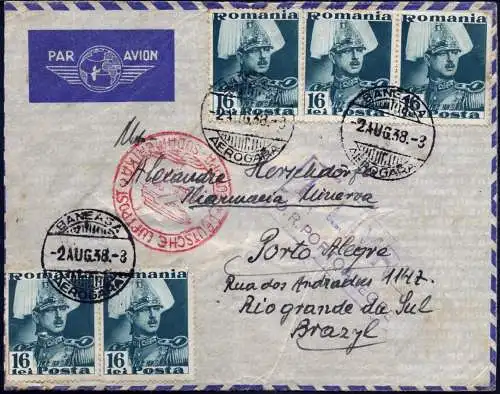 Katapult 1938 Rumänien Brief Baneasa MeF 80 Lei Porto Alegre Catapult 669 / 987