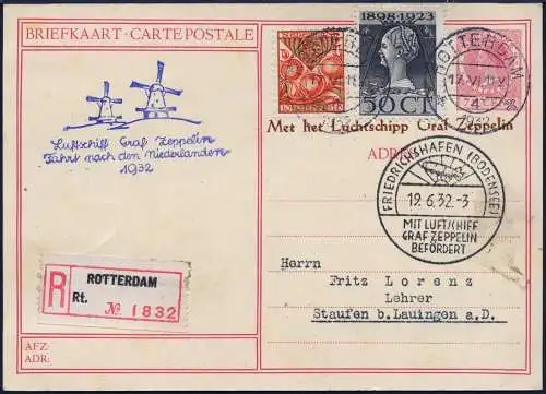Zeppelin 1932 Fahrt Niederlande Reko-Bildpostkarte Rotterdam Si 165 A / 1837