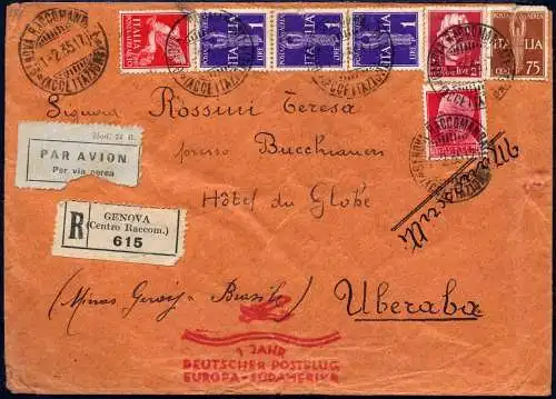 Katapult 1935 Italien Reko-Brief 1 Jahr Postflug Genua Uberaba Catapult 356/ 983