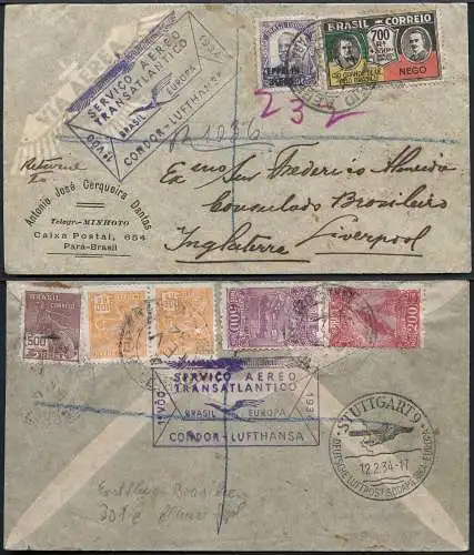 Katapult Brasilien 1934 Erstflug Stempel Blau Reko-Brief England Catapult / 177