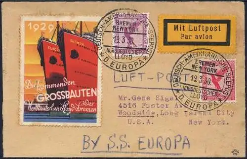 Katapult Dt. Reich 1930 Dampfer Europa Seepost kein Katapultflug USA 26 / 650