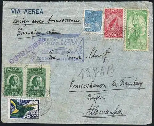 Katapult Brasilien 1934 Reko-Erstflugbrief SST Blau Ermershausen Catapult / 308