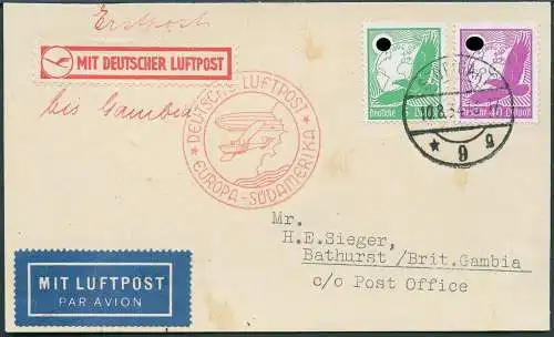Dt. Reich 1934 Erstflug Karte Stuttgart Gambia Katapult Zubringer Catapult /280