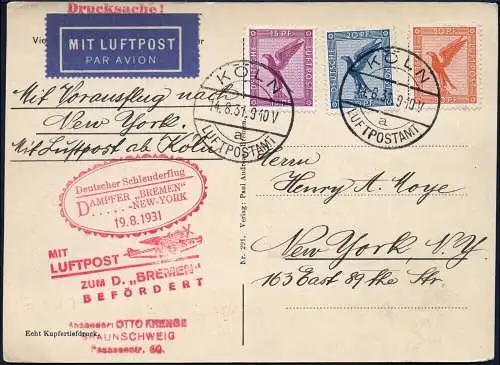 Katapult 1931 Dt. Reich Dampfer Bremen AK Nachbringeflug USA Catapult 64 c / 790