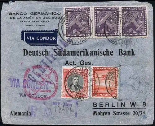 Katapult Chile 1935 Rekobrief Erstflug Santiago via Rio nach Berlin Catapult/205