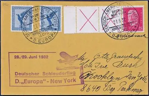 Katapult 1932 Dt. Reich Dampfer Europa Seepostaufgabe Brooklyn 89b Catapult /640
