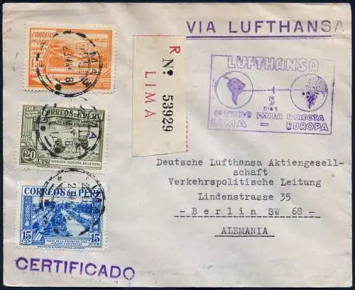 Katapult Peru 1938 Erstflug Reko-Brief aus Lima nach Berlin H 648 Catapult / 298