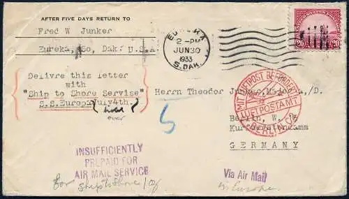 Katapult 1933 USA Dampfer Europa Brief Porto zu niedrig H 126 a Catapult / 654