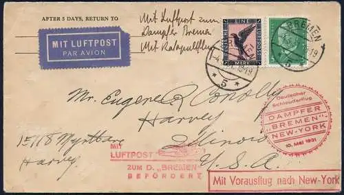 Katapult 1931 Dt. Reich Brief Dampfer Bremen Nachbringeflug 40c Catapult / 862