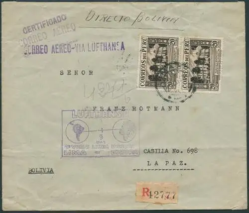 Katapult Peru 1938 Erstflug Reko-Brief Teilstrecke Lima La Paz Catapult / 297