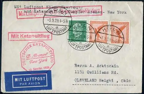 Katapult 1929 Dt. Reich Brief Dampfer Bremen Nachbringeflug 5c Catapult / 798