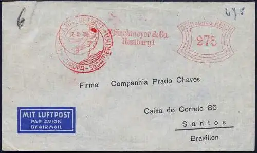 Katapult 1938 Dt. Reich Brief Hamburg Santos Brasilien Catapult 647 / 952