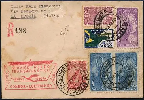 Katapult Brasilien 1934 Erstflug-Stempel Rot Rio La Spezia Italien Catapult/ 174