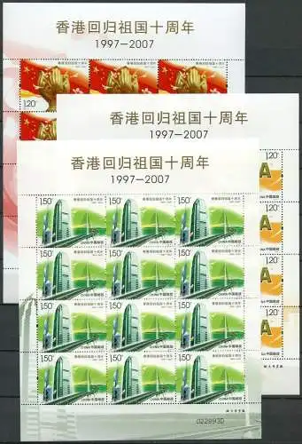 China PRC 2007-17 Hongkong Wiedereingliederung Denkmal 3866-3868 Kleinbögen MNH