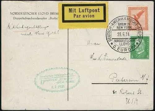Katapult 1931 Dt. Reich AK Dampfer Europa Seepostaufgabe USA 54 b Catapult/865