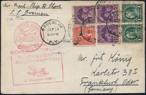 Katapult 1932 USA Dampfer Bremen Southampton Frankfurt Brief 112 a Catapult/ 911