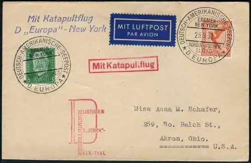 Katapult 1930 Dt. Reich Dampfer Europa Seepostaufgabe Akron USA Catapult / 631