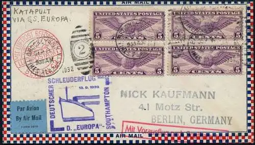 Katapult 1932 USA Dampfer Europa Southampton Berlin Brief 107 a Catapult/ 910
