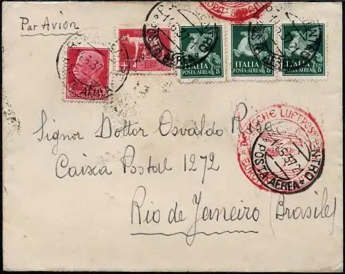 Katapult 1937 Italien Brief Rom Marseille Rio de Janeiro Brazil Catapult 551/926