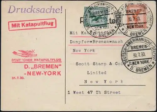 Katapult 1930 Dt. Reich PK Dampfer Bremen Seepostaufgabe NY Catapult 20b / 799