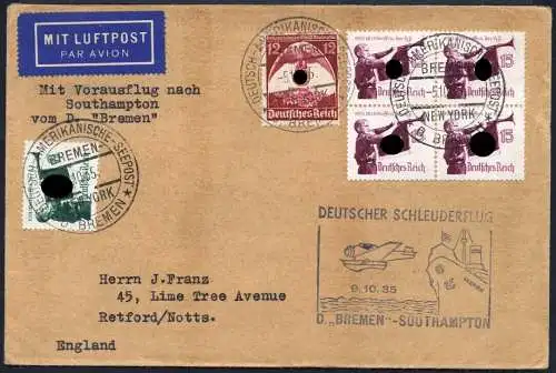 Katapult 1935 Dt. Reich Dampfer Bremen Seepost England 218 c Catapult / 907