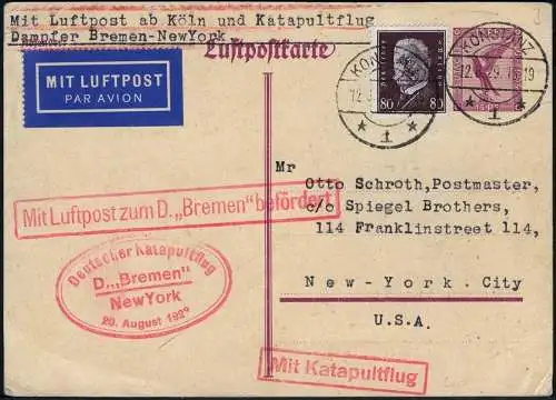 Katapult 1929 Dt. Reich PK Dampfer Bremen Nachbringeflug Köln Catapult 3c / 797