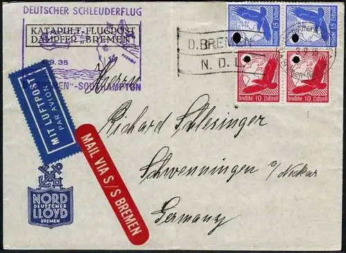 Katapult 1935 Dt. Reich Brief Dampfer Bremen Seepostaufgabe 210c Catapult / 639