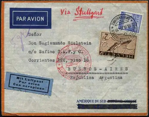 Katapult Schweiz 1935 Brief Zürich Fraumünster Argentinien Catapult 408 / 395