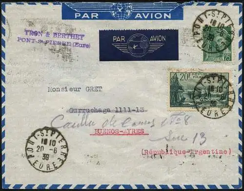 Katapult Frankreich 1939 Brief MiF Pont St. Pierre Buenos Aires Catapult / 511