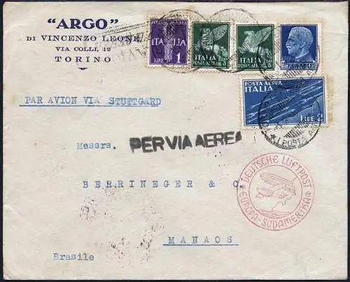 Katapult 1936 Italien Brief Turin Via Stuttgart Manaos Brazil Catapult 438 / 923