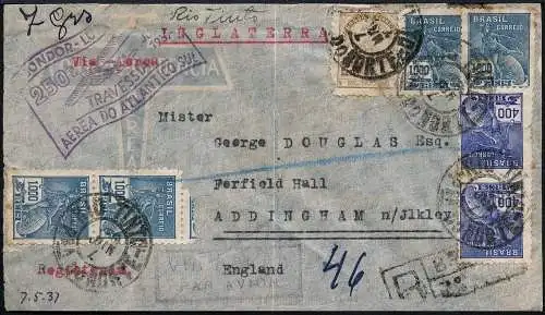 Katapult Brasilien 1937 Reko-Brief SST 250. Atlantikflug England Catapult / 202