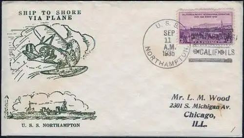 USA 1935 USS Northampton Ship to Shore Naval Cover Chicago Katapult Catapult/756