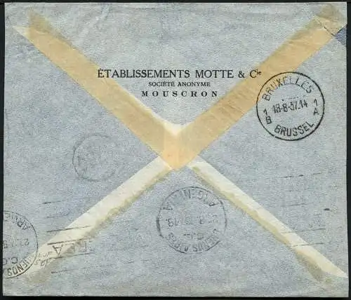 Katapult Belgien 1937 Brief 18,75 bfr Mouscron Buenos Aires Catapult / 459