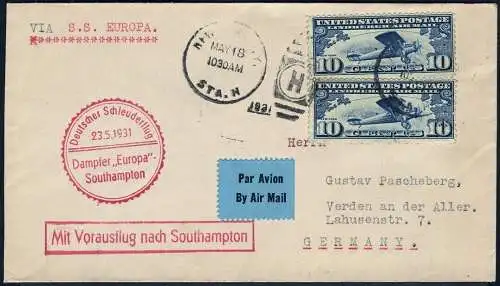 Katapult 1931 USA Dampfer Europa Southampton Verden Brief 43 a Catapult / 909