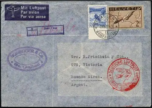 Katapult Schweiz 1938 Brief St. Gallen Buenos Aires Argentinien Catapult 669/486
