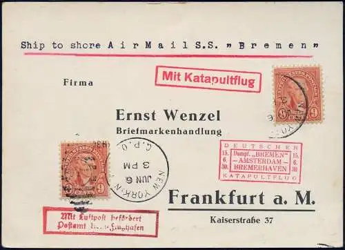 Katapult 1930 USA Dampfer Bremen New York Frankfurt Karte 15 a Catapult / 908