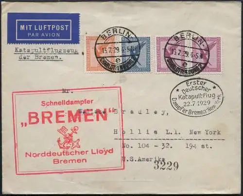 Katapult 1929 Dt. Reich Erstflugbrief Berlin Dampfer Bremen NY Catapult 1 a /980