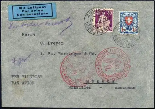 Katapult 1936 Schweiz Zürich Manaus Brasilien Brief MiF Catapult 434 / 929