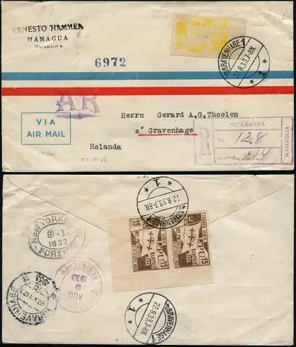 Nicaragua 1933 Reko-AR-Brief via Flugpost Managua Niederlande / 121