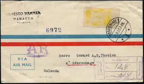 Nicaragua 1933 Reko-AR-Brief via Flugpost Managua Niederlande / 121