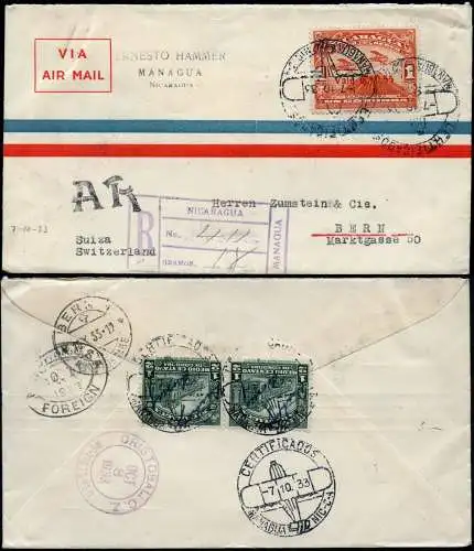Nicaragua 1933 Reko-AR-Brief via Flugpost Managua Bern Schweiz / 122