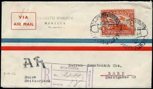 Nicaragua 1933 Reko-AR-Brief via Flugpost Managua Bern Schweiz / 122